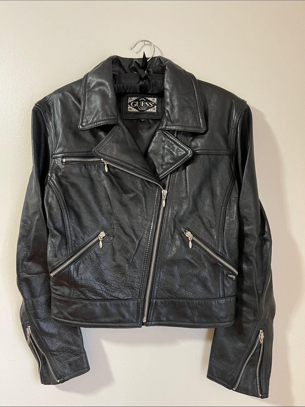 GUESS Black Leather Moto Jacket with Silver Zippers